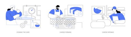 Cheese making factory abstract concept vector illustration set. Cooking the curd, cheese forming and ripening, milk clotting, dairy products manufacturing in food industry abstract metaphor.