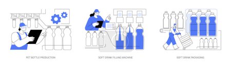 Erfrischungsgetränke Herstellung abstraktes Konzept Vektor Illustrationsset. Herstellung von Pet-Flaschen, Abfüllmaschine für Softdrinks, Verpackungsförderer, kohlensäurehaltige Sodawasserproduktion abstrakte Metapher.