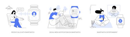 Ilustración de Smartwatch comunicación en línea abstracto concepto vector ilustración conjunto. Recibe llamadas con smartwatch, notificaciones de redes sociales en dispositivos portátiles, entretenimiento con gadgets metáfora abstracta. - Imagen libre de derechos