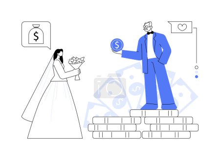 Illustration for Marriage of convenience abstract concept vector illustration. Political marriage, financial motivation, old rich husband, wedding rings, dollar banknotes, take money from senior abstract metaphor. - Royalty Free Image