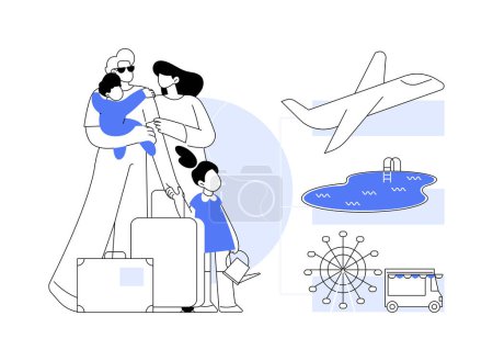Illustration for Family vacation abstract concept vector illustration. All-inclusive hotel, family adventure, beach holiday, national park, weekend trip, summer camping, sea shore, diving abstract metaphor. - Royalty Free Image