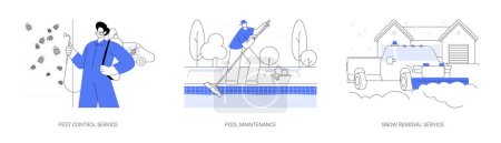 Illustration for Private house maintenance abstract concept vector illustration set. Pest control, pool maintenance, snow removal service, mold removal, snow blower, cleaning and disinfection abstract metaphor. - Royalty Free Image