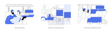 Illustration for Sea port infrastructure abstract concept vector illustration set. Inland shipping, port rail and road transportation, barge operator, goods loading control manager, move containers abstract metaphor. - Royalty Free Image