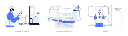 Illustration for Automated guided vehicles abstract concept vector illustration set. Automated forklift, self-driving cart, drone use in wholesale and warehousing business, goods transportation abstract metaphor. - Royalty Free Image