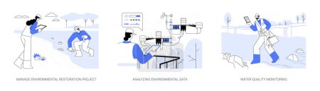 Illustration for Ecology control abstract concept vector illustration set. Manage environmental restoration project, analyzing environmental data, water quality monitoring, planet saving project abstract metaphor. - Royalty Free Image