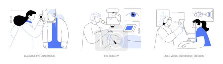 Ophthalmic surgery abstract concept vector illustration set. Diagnosticar afecciones oculares, cirugía ocular, corrección de la visión láser, tratamiento de cataratas y glaucoma, metáfora abstracta de optometría.