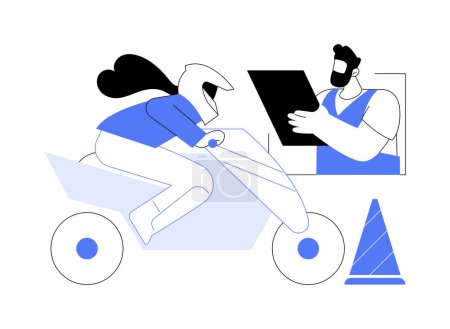 Illustration for Motorcycle driving lessons abstract concept vector illustration. Woman learning to drive motorcycle with instructor, practicing ride, personal transport, training process abstract metaphor. - Royalty Free Image