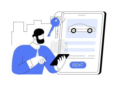 Illustration for Rental car service abstract concept vector illustration. Online car booking, free mileage, full insurance, summer vacation, remote reservation, local dealer, key lock, driving abstract metaphor. - Royalty Free Image