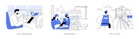 Illustration for Sea port checkpoint abstract concept vector illustration set. Port control room, operation supervisor, customs officer, goods transportation, export and import business abstract metaphor. - Royalty Free Image