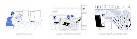 Illustration for Nuclear energy abstract concept vector illustration set. Nuclear power plant producing electricity, safety inspector, engineers in power plant control room, renewable energy abstract metaphor. - Royalty Free Image