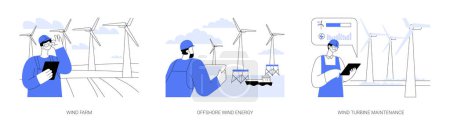 Illustration for Wind energy abstract concept vector illustration set. Wind farm, offshore turbine energy, green energy engineering and maintenance, alternative electricity power station abstract metaphor. - Royalty Free Image