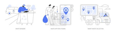 Illustration for Smart waste management system abstract concept vector illustration set. Sensor for waste receptacles, using smartphone app for trash recycling, garbage truck driver with tablet abstract metaphor. - Royalty Free Image