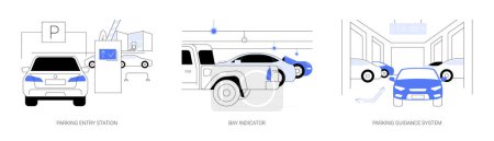 Illustration for Smart parking management system abstract concept vector illustration set. Parking entry station, bay indicator is on, smart guidance system for cars, driving in urban environment abstract metaphor. - Royalty Free Image