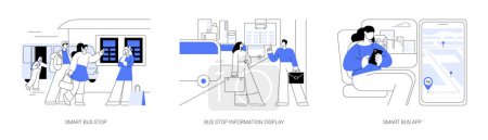 Illustration for Smart city public transportation abstract concept vector illustration set. Diverse people stand at modern bus stop, electric timetable info display, tracking way with smartphone app abstract metaphor. - Royalty Free Image
