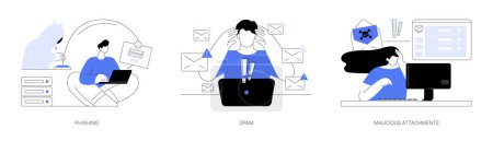 Réseau informatique attaque concept abstrait vectoriel illustration ensemble. Spécialiste de l'informatique détecter problème de phishing, personne obtenant de nombreux e-mails de spam, pièce jointe malveillante dans le courrier, métaphore abstraite cyberattaque.