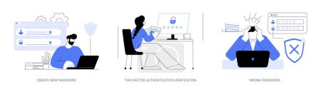 Illustration for Password management abstract concept vector illustration set. Man with laptop create password, two-factor authentication verification, wrong login info, access blocked, data loss abstract metaphor. - Royalty Free Image