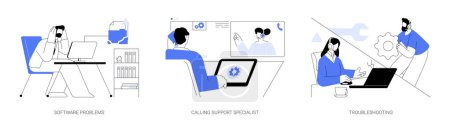 Illustration for Software support line abstract concept vector illustration set. Angry man has problem with computer software, calling system administrator, fixing error, troubleshooting specialist abstract metaphor. - Royalty Free Image