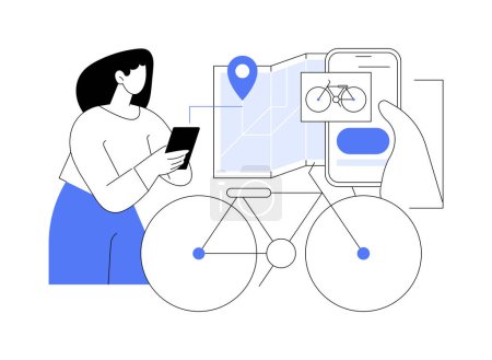 Illustration for Rent a bike abstract concept vector illustration. Young woman renting a bike using smartphone app, urban transportation, city public transport, vehicle sharing service abstract metaphor. - Royalty Free Image
