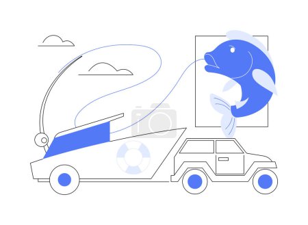 Illustration for Transporting a boat abstract concept vector illustration. Big car transporting a personal fishing boat, yachting activity, water transport, industrial vehicle, delivery process abstract metaphor. - Royalty Free Image