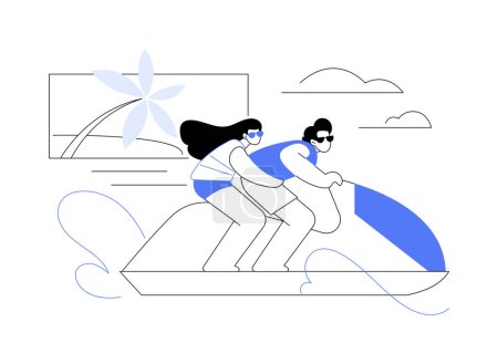 Illustration for Jetski riding abstract concept vector illustration. Young couple rides a water scooter, sea transport, sailing sport, recreational hobby, maritime adventure, jet ski lovers abstract metaphor. - Royalty Free Image