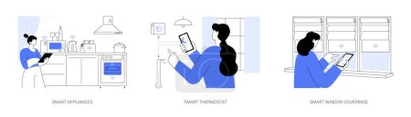 IoT home technology abstract concept vectoriel illustration set. Appareils ménagers intelligents, thermostat avec capteurs de température, couvre-fenêtres intelligents, stores automatisés métaphore abstraite.