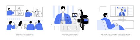 Illustration for Political campaign abstract concept vector illustration set. Broadcasting debates, political live stream, advertising in social media, president candidates, election campaign abstract metaphor. - Royalty Free Image
