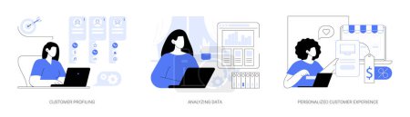 Illustration for AI in marketing abstract concept vector illustration set. Customer profiling, analyzing big data in CRM system, personalized customer experience, collecting clients data abstract metaphor. - Royalty Free Image
