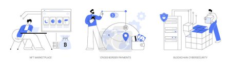 Illustration for Blockchain technology use abstract concept vector illustration set. Choosing non-fungible tokens on NFT marketplace, making cross-border payments, blockchain cybersecurity abstract metaphor. - Royalty Free Image
