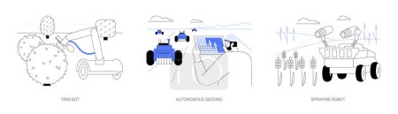 Illustration for Use of robots in agriculture abstract concept vector illustration set. Automated trimmer makes pruning, trim bot, autonomous row seeding machines in the field, robot spraying crops abstract metaphor. - Royalty Free Image