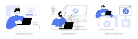 Illustration for Software maintenance abstract concept vector illustration set. Man with laptop installing professional software, update process, download new version, get support from developer abstract metaphor. - Royalty Free Image
