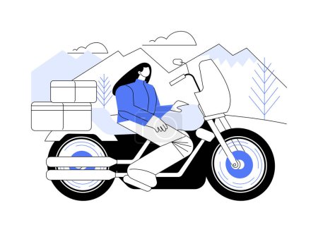 Ilustración de Viaje en motocicleta concepto abstracto vector ilustración. Mujer utiliza la moto para viajar en las montañas, transporte personal extremo, vehículo todo terreno, aventura de verano metáfora abstracta. - Imagen libre de derechos
