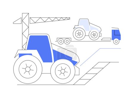Illustration for Loading heavy equipment abstract concept vector illustration. Tow truck immerses the tractor, industrial transport, loading heavy machinery, vehicle lifting process abstract metaphor. - Royalty Free Image