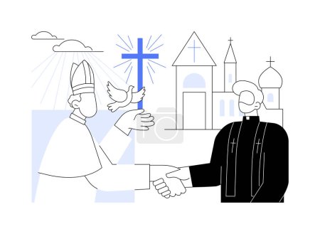 Illustration for Interreligious dialogue abstract concept vector illustration. Different traditions, religious symbol, members interaction, orthodox church, handshake, christian pope, conference abstract metaphor. - Royalty Free Image