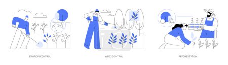 Illustration for Environmental restoration abstract concept vector illustration set. Erosion control, farmer with sprayer kills weed, reforestation and replanting trees, ecosystem restoration abstract metaphor. - Royalty Free Image