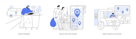 Illustration for Smart waste management system abstract concept vector illustration set. Waste sensors, garbage smartphone app for citizens, smart urban rubbish collection, modern technology abstract metaphor. - Royalty Free Image