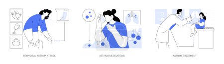 Illustration for Bronchial asthma abstract concept vector illustration set. Bronchial asthma attack, medications and treatment, pulmonary disease diagnosis, bronchial aerosol, shortness of breath abstract metaphor. - Royalty Free Image