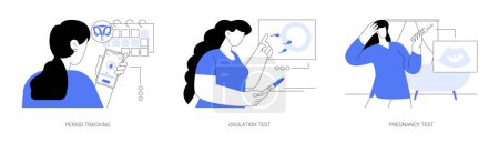 Illustration for Family planning abstract concept vector illustration set. Period tracking with smartphone app, ovulation day calculator, pregnancy test at home, menstrual cycle, parenthood abstract metaphor. - Royalty Free Image