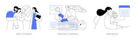 Téléchargez les illustrations : Reproductive medicine abstract concept vector illustration set. Diagnostic d'infertilité, laparoscopie pelvienne féminine, résultats d'analyse de laboratoire de sperme, métaphore abstraite du traitement de l'infertilité. - en licence libre de droit