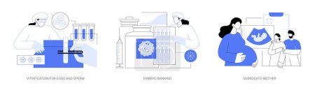 In-vitro-Fertilisation abstraktes Konzept Vektor Illustration Set. Vitrifizierung von Eizellen und Spermien, Embryonenbank, Leihmutter, Reproduktionsmedizin und Unfruchtbarkeitsbehandlung abstrakte Metapher.