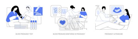 Illustration for Prenatal examination abstract concept vector illustration set. Blood pregnancy test, pressure monitoring, baby ultrasound, anemia examination, HIV test, pregnant woman health abstract metaphor. - Royalty Free Image