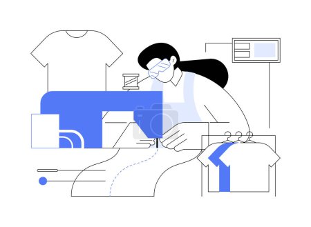 Illustration for Sewing abstract concept vector illustration. Seamstress sewing clothes using machine at factory, apparel production, light industry, garment manufacturing, dressmaking process abstract metaphor. - Royalty Free Image