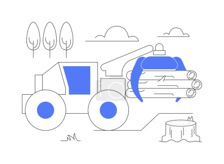 Illustration for Skidding trees abstract concept vector illustration. Skidder pulling trees, forest harvesting, cutting site, industrial transport, heavy machinery, four wheel drive tractor abstract metaphor. - Royalty Free Image
