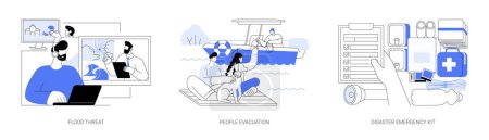 Illustration for Floods abstract concept vector illustration set. Flood threat, people evacuation and survival plan, disaster emergency kit, climate change consequences, natural disaster response abstract metaphor. - Royalty Free Image