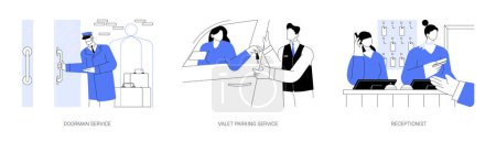 Illustration for Hotel services abstract concept vector illustration set. Doorman and porter service, valet parking, hotel receptionist gives a key to client, hospitality business, travel service abstract metaphor. - Royalty Free Image