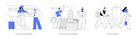 Illustration for First class travel abstract concept vector illustration set. Meeting VIP passenger, airport meeting service, porter service, passenger exits the plane, business travel abstract metaphor. - Royalty Free Image