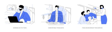 Illustration for Business travel by high-speed train abstract concept vector illustration set. Working on the train, comfortable seats, food and beverage service, wifi connection in transport abstract metaphor. - Royalty Free Image