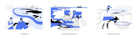 Illustration for Oil spill cleanup abstract concept vector illustration set. Skimming, cleaning shoreline from oil spill, rescue wildlife, ecosystem contamination, ecological disaster abstract metaphor. - Royalty Free Image