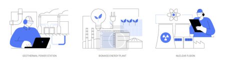 Illustration for Renewable energy abstract concept vector illustration set. Engineer working at geothermal power station, biomass energy plant, nuclear fusion, sustainable technology abstract metaphor. - Royalty Free Image