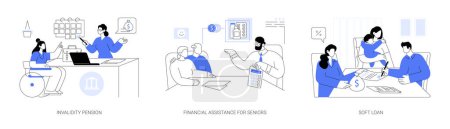 Illustration for Social financial aid abstract concept vector illustration set. Disability pension, financial assistance for seniors, citizens signing documents for soft loan, family benefits abstract metaphor. - Royalty Free Image