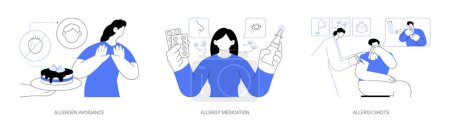 Allergy treatment abstract concept vector illustration set. Allergen avoidance, medication and immunotherapy shots, drug therapy, refuse allergic food, respiratory symptoms abstract metaphor.